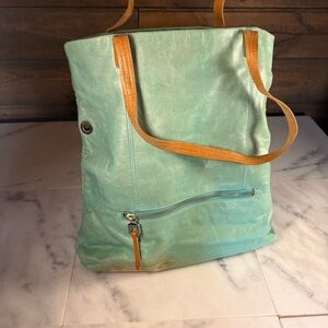 HOBO Mint Green Leather Tote with Tan Straps